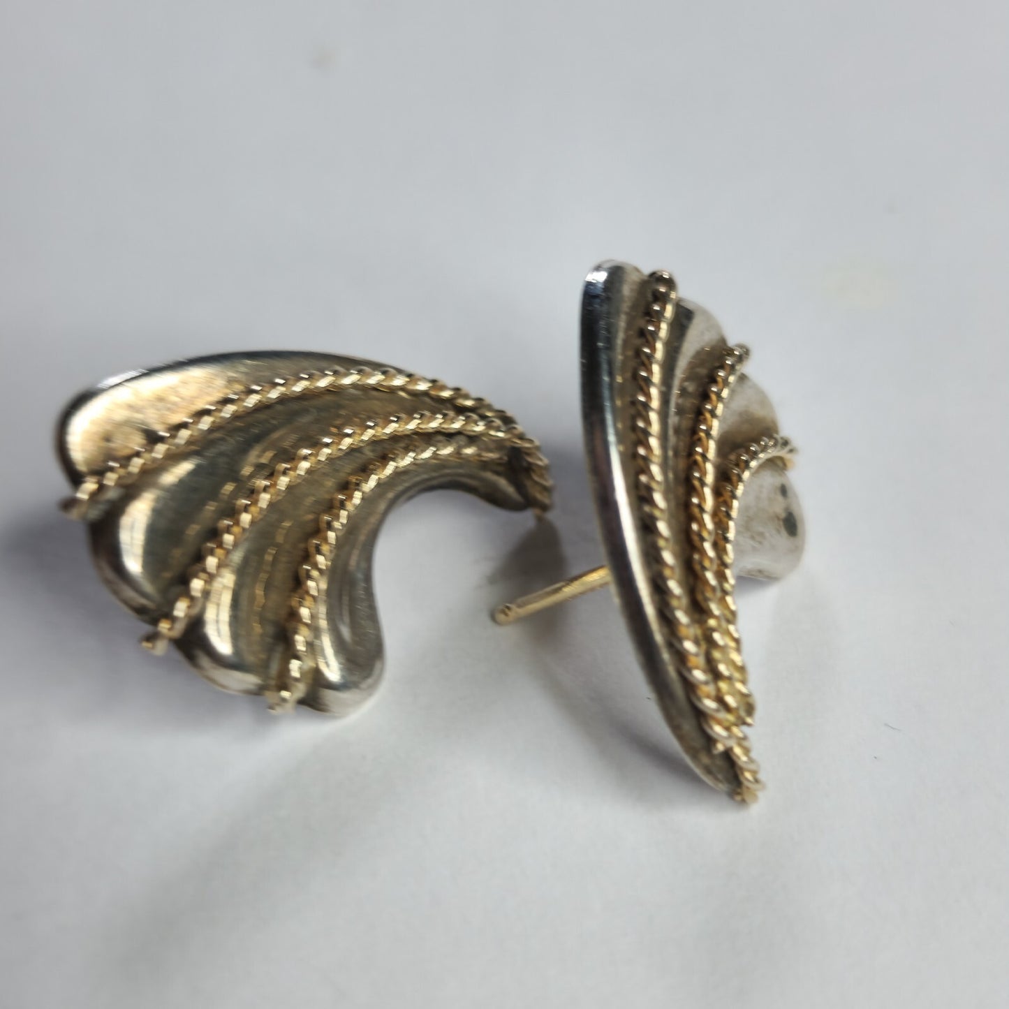 925 Sterling Silver 14k Gold Earrings Twisted Rope Wave wings fans Post Vintage