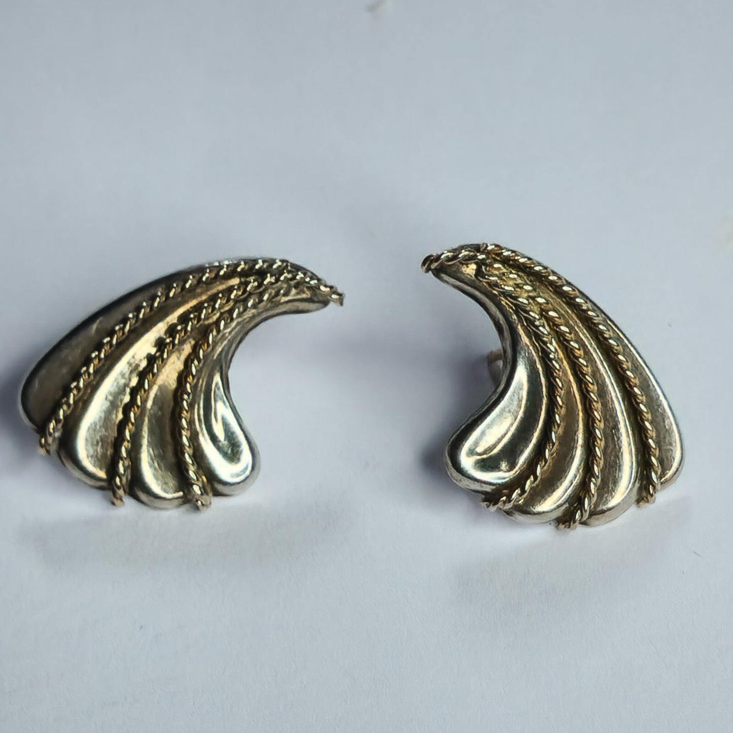 925 Sterling Silver 14k Gold Earrings Twisted Rope Wave wings fans Post Vintage