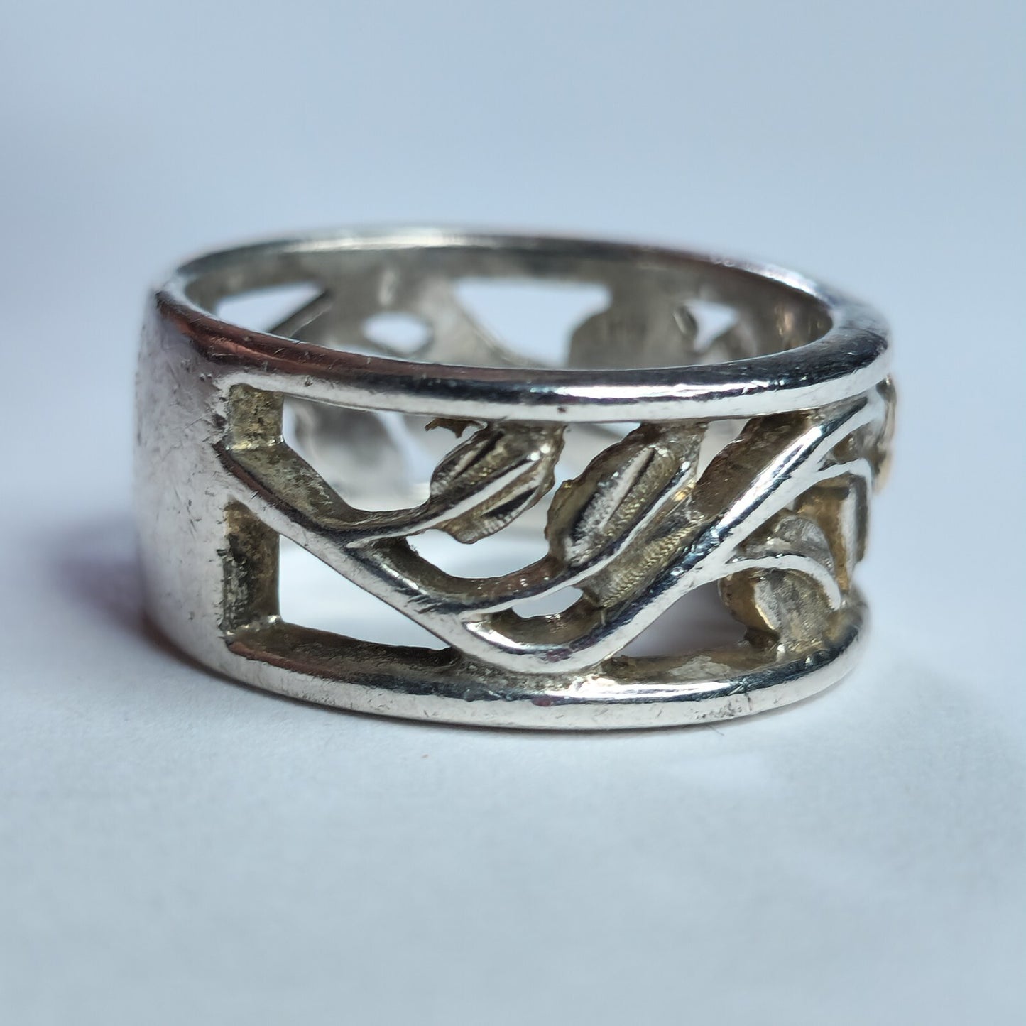 925 Sterling Silver Ring Gold Accent Botanical Design Openwork Band Size 6.50