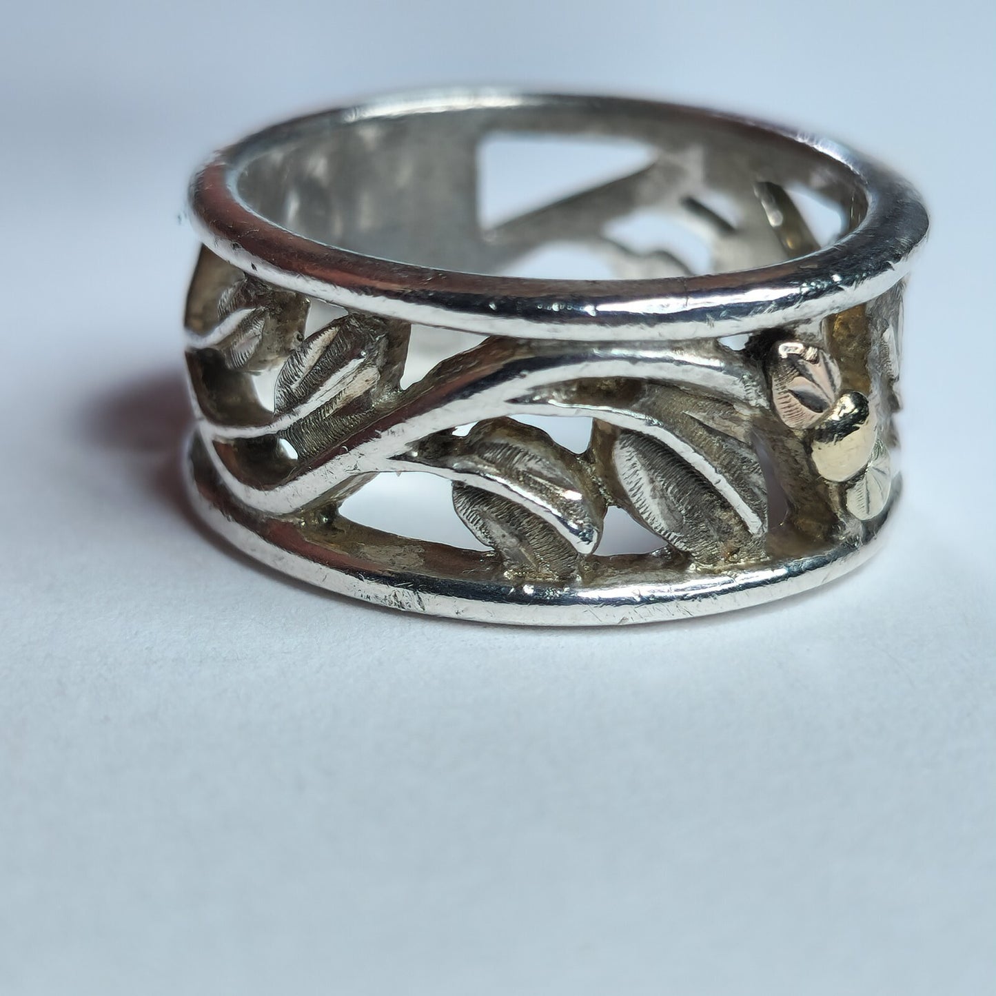 925 Sterling Silver Ring Gold Accent Botanical Design Openwork Band Size 6.50