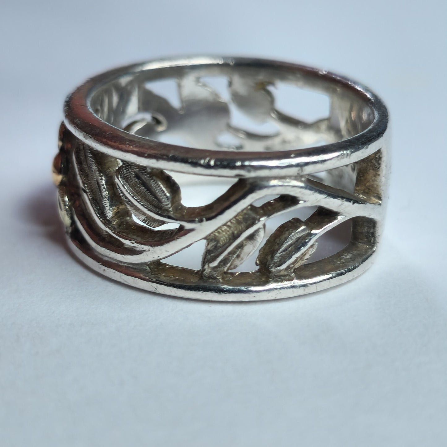 925 Sterling Silver Ring Gold Accent Botanical Design Openwork Band Size 6.50