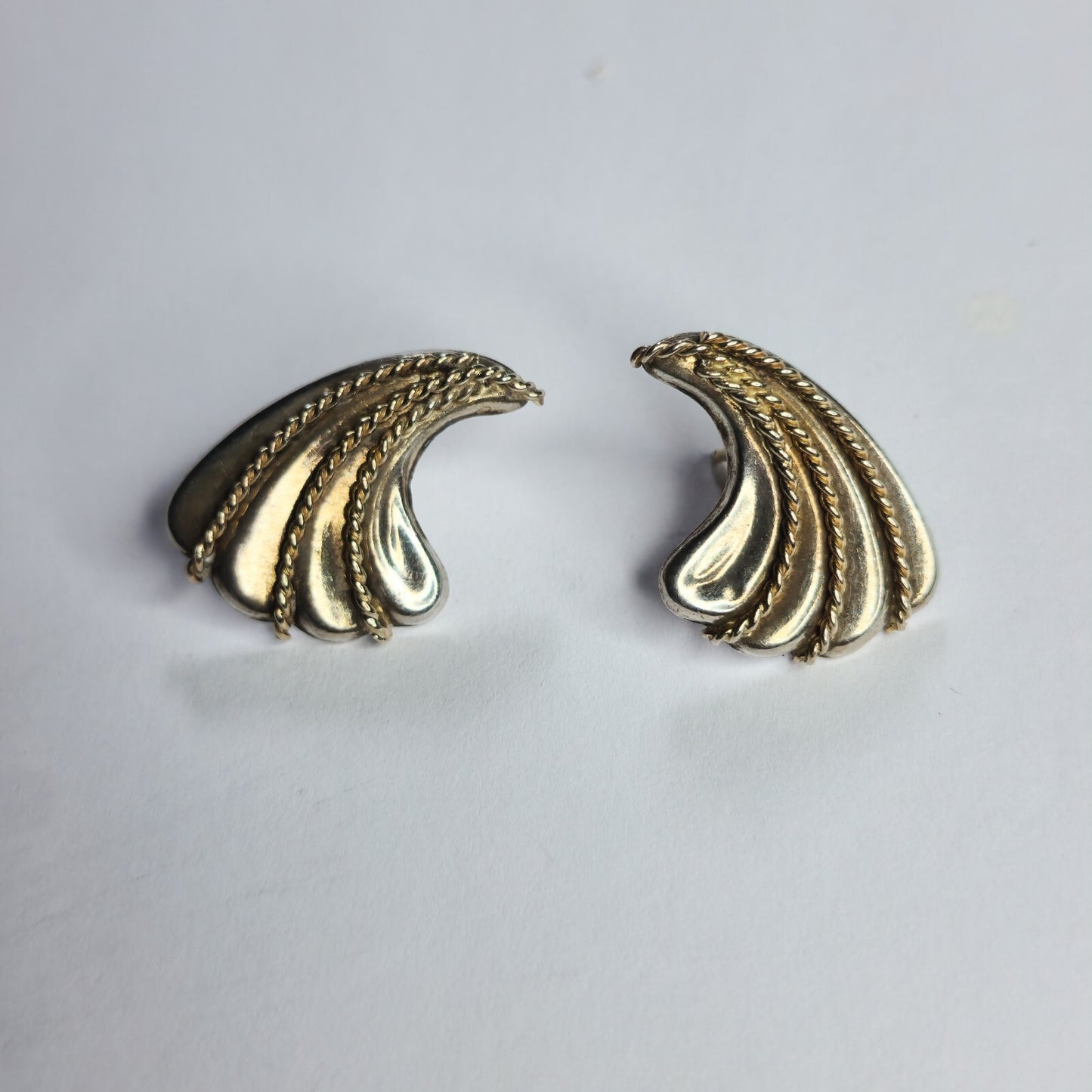 925 Sterling Silver 14k Gold Earrings Twisted Rope Wave wings fans Post Vintage