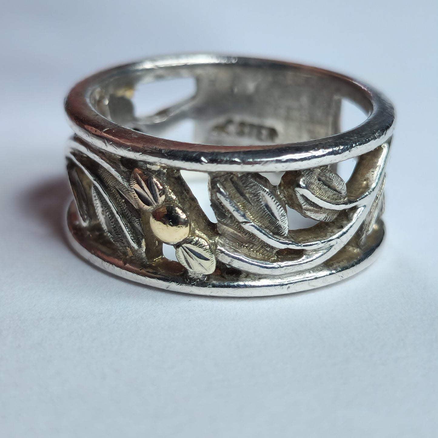 925 Sterling Silver Ring Gold Accent Botanical Design Openwork Band Size 6.50