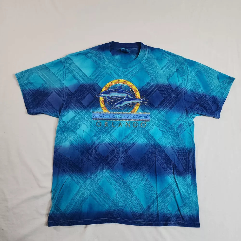 Rare 1980s Original, BODYHEAT ACTION WEAR, Vintage Surf Tee, All popular Over Print, Beach Tie Dye T, Blue Pink Yellow, Green Coral Purple