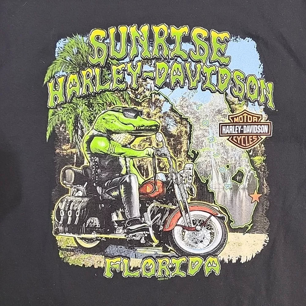 Harley Davison Sunrise Florida Y2k 2009 Gator On Bike Graphic T-Shirt Large NWOT Thrifted