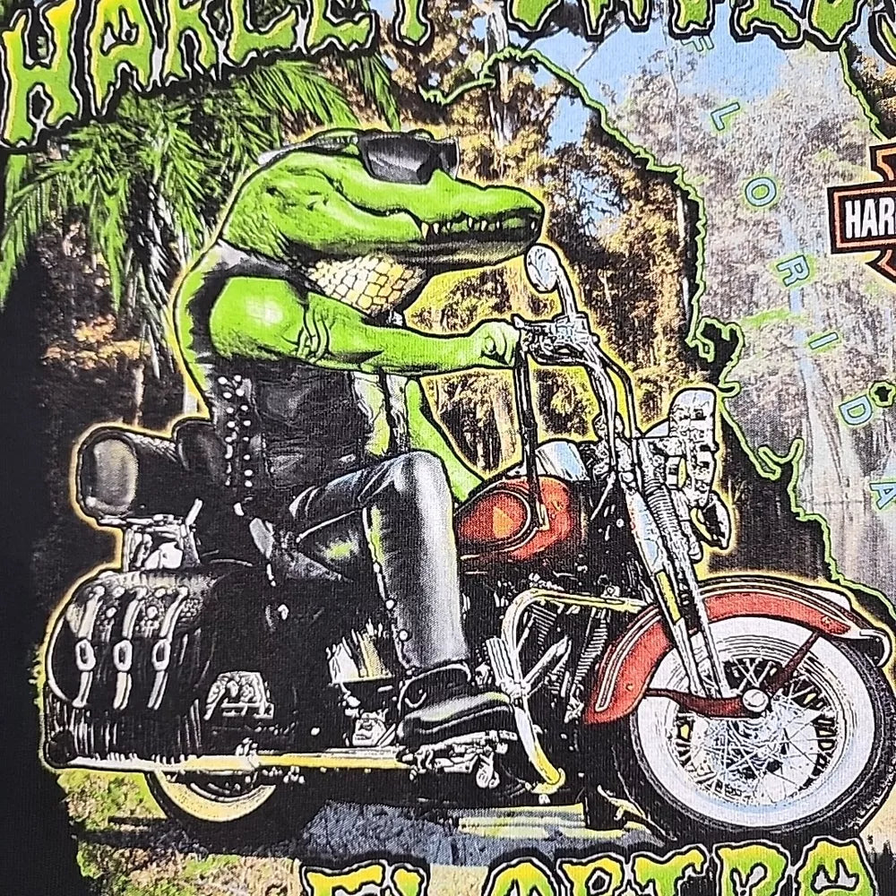 Harley Davison Sunrise Florida Y2k 2009 Gator On Bike Graphic T-Shirt Large NWOT Thrifted