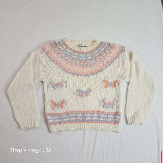 Sheridan Square Vintage Hand Knit Beige Pink Butterfly Sweater Women's Size Medium Thrifted