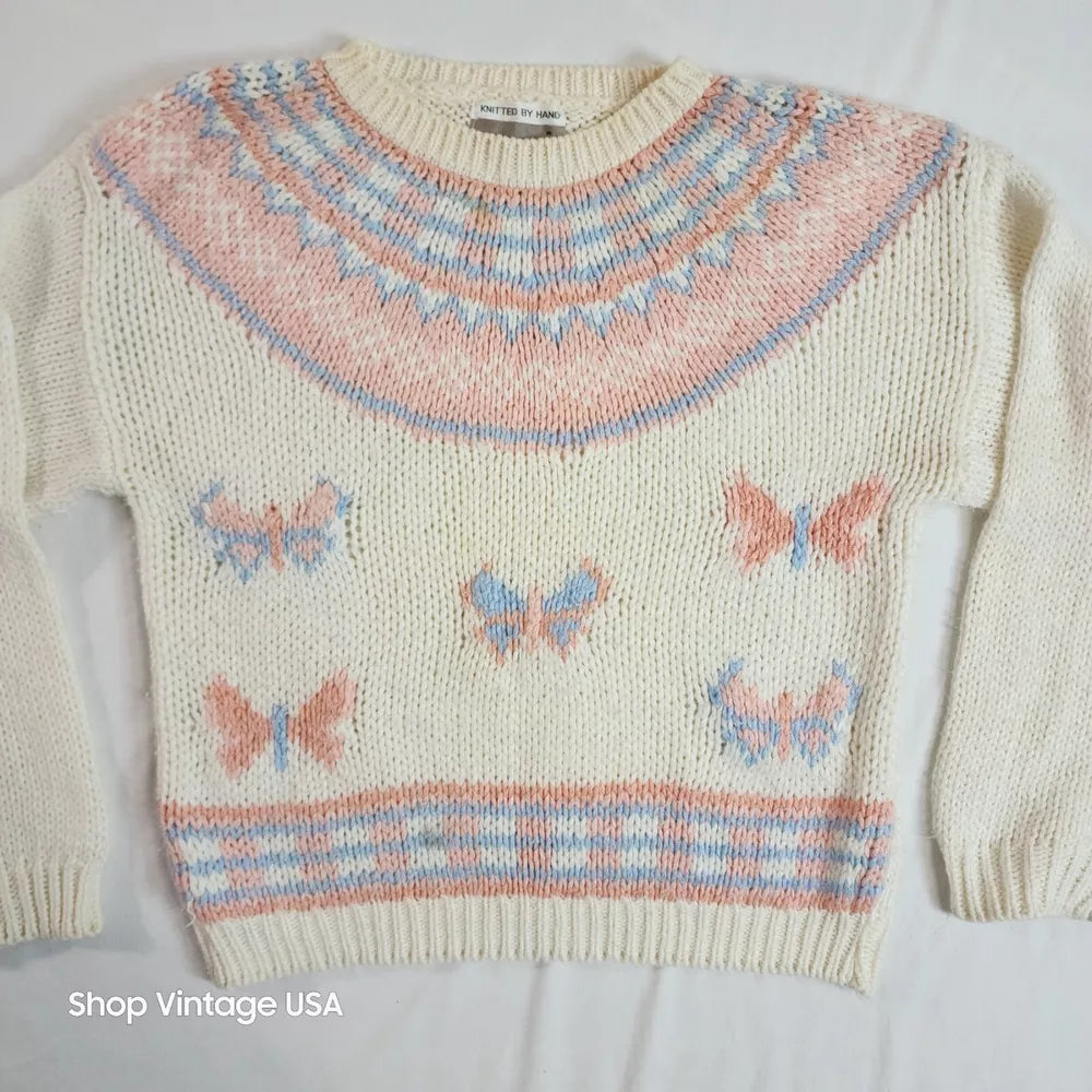 Sheridan Square Vintage Hand Knit Beige Pink Butterfly Sweater Women's Size Medium Thrifted