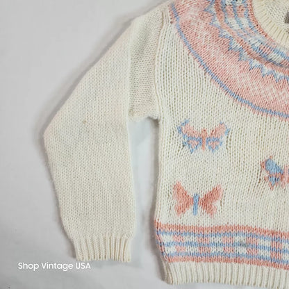 Sheridan Square Vintage Hand Knit Beige Pink Butterfly Sweater Women's Size Medium Thrifted