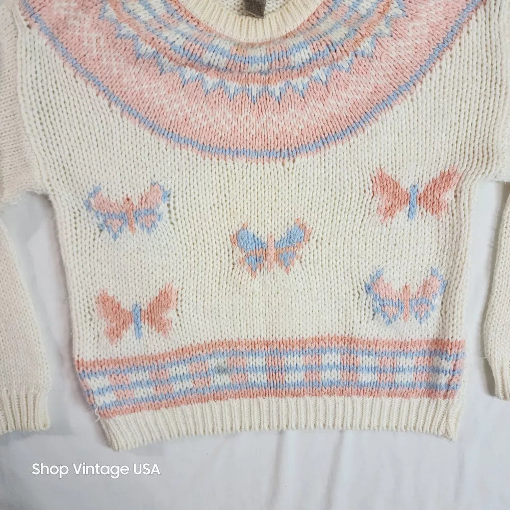 Sheridan Square Vintage Hand Knit Beige Pink Butterfly Sweater Women's Size Medium Thrifted