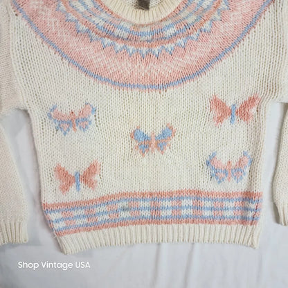 Sheridan Square Vintage Hand Knit Beige Pink Butterfly Sweater Women's Size Medium Thrifted