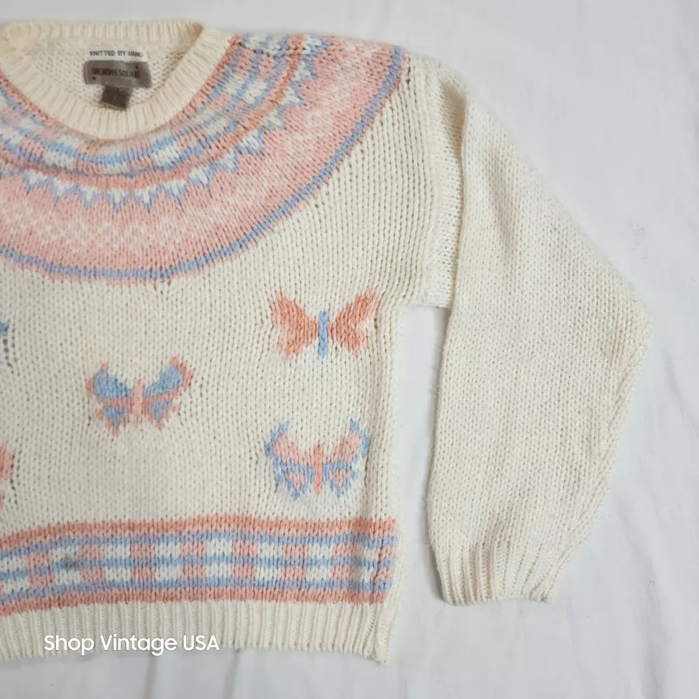 Sheridan Square Vintage Hand Knit Beige Pink Butterfly Sweater Women's Size Medium Thrifted