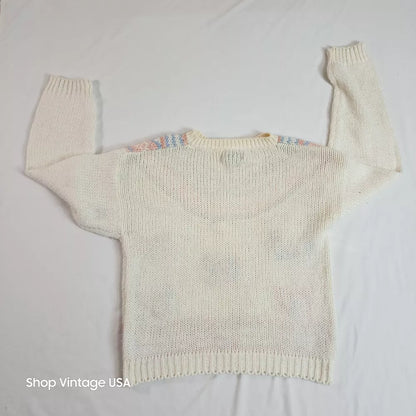 Sheridan Square Vintage Hand Knit Beige Pink Butterfly Sweater Women's Size Medium Thrifted