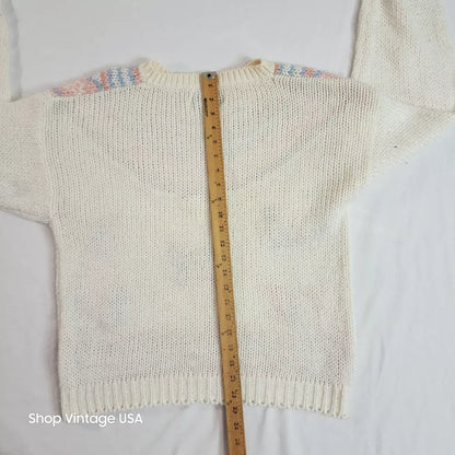 Sheridan Square Vintage Hand Knit Beige Pink Butterfly Sweater Women's Size Medium Thrifted