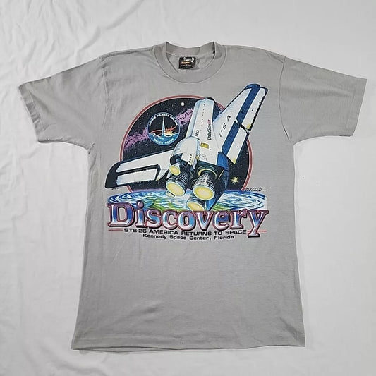 VINTAGE SINGLE STITCH DISCOVERY NASA SPACE SHUTTLE STS-26 GRAY T-SHIRT L 80s EUC Thrifted