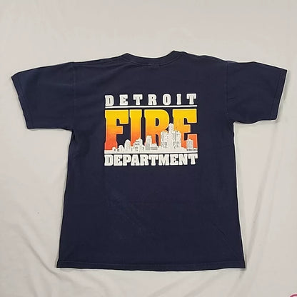 Vintage Y2K Detroit Fire Department Distressed Blue T-Shirt Large Rare