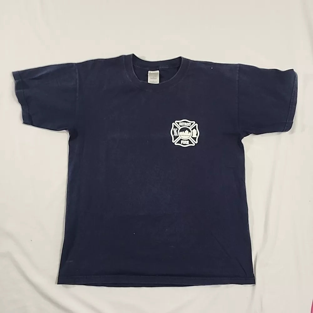 Vintage Y2K Detroit Fire Department Distressed Blue T-Shirt Large Rare