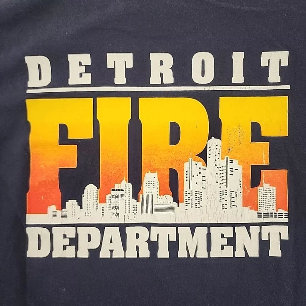 Vintage Y2K Detroit Fire Department Distressed Blue T-Shirt Large Rare