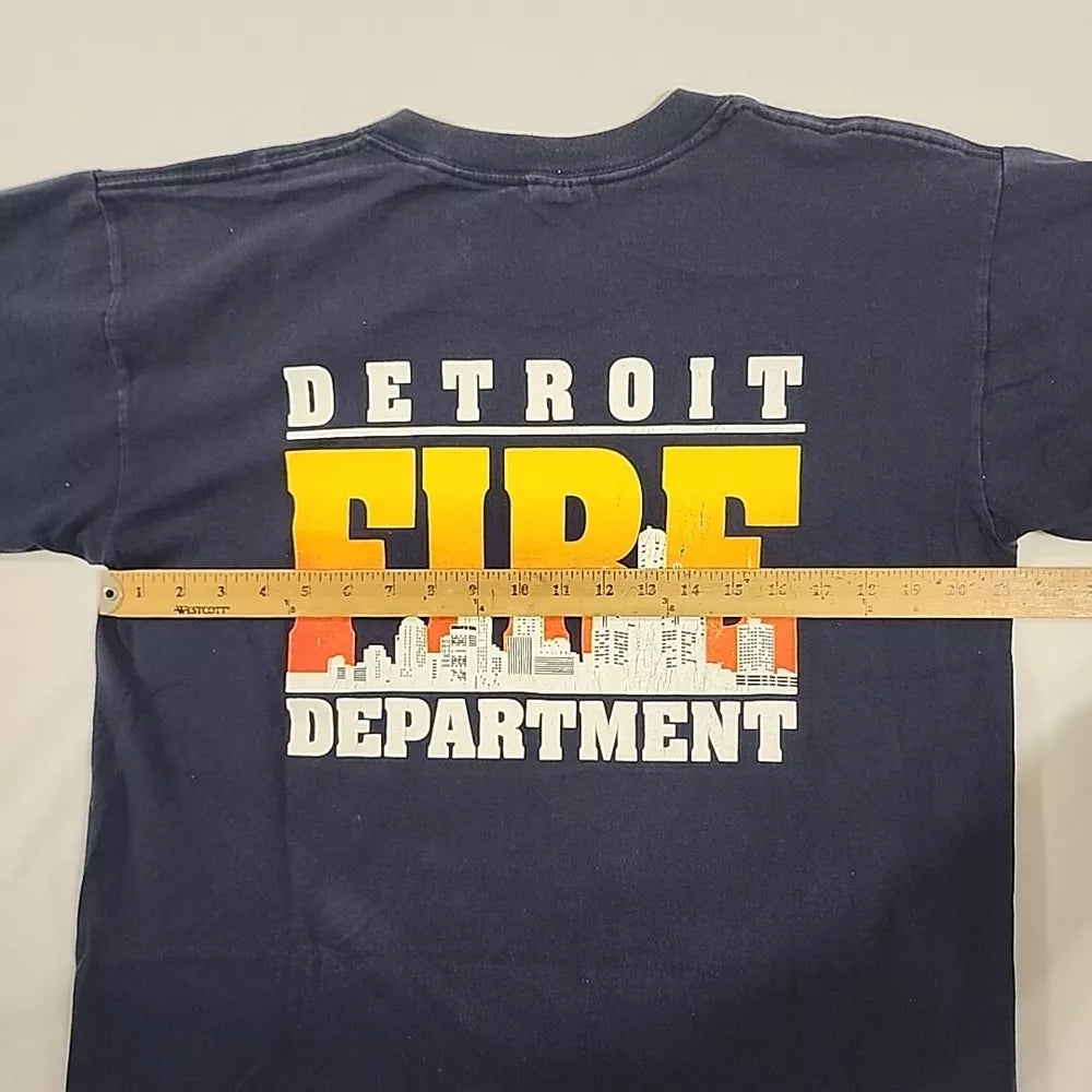 Vintage Y2K Detroit Fire Department Distressed Blue T-Shirt Large Rare