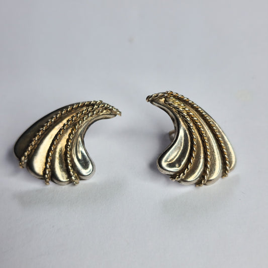 925 Sterling Silver 14k Gold Earrings Twisted Rope Wave wings fans Post Vintage