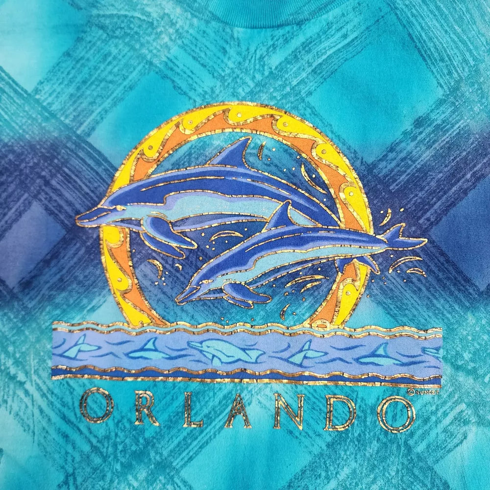 vintage 90s DOLPHIN OCEAN SUNSET Blue TIE-DYE T-Shirt XL beach surf Summer Tee Thrifted